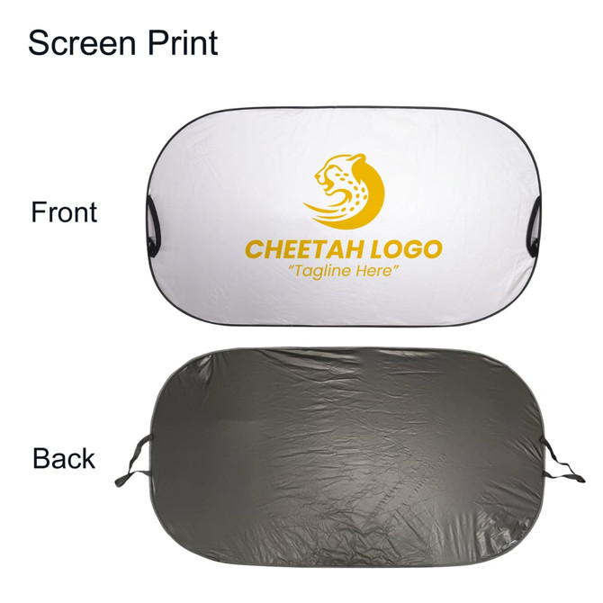 A light-blocking car sun shade featuring a white front with a logo and a black back.