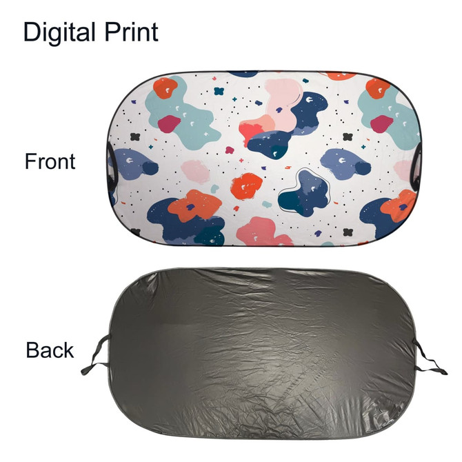 A light-blocking car sun shade featuring a colourful, abstract design on the front and a black back.