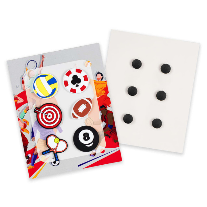 A pack of six custom shoe charms in various colours and designs, including sports and target themes.