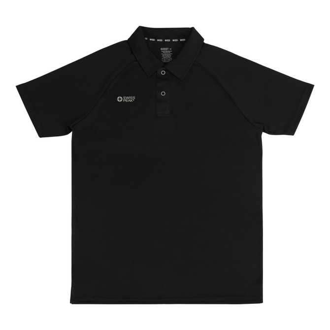 A black unisex polo shirt with a collar and a logo on the front.