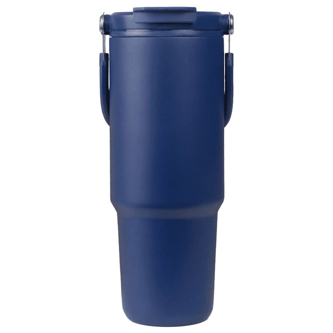 A drink bottle in navy blue with a handle and a secure lid, featuring a smooth finish and a branded logo.