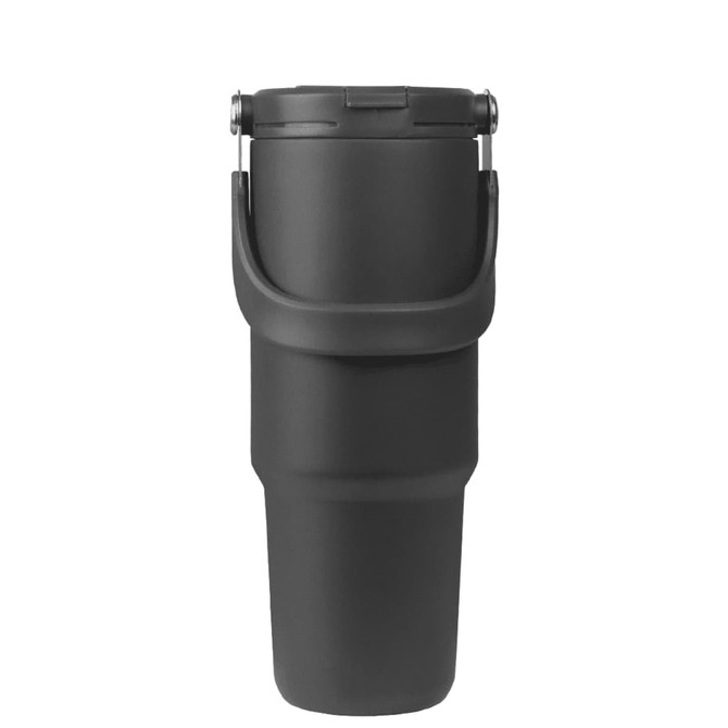 A drink bottle with a sleek black design and a secure lid. It features a handle for easy carrying.