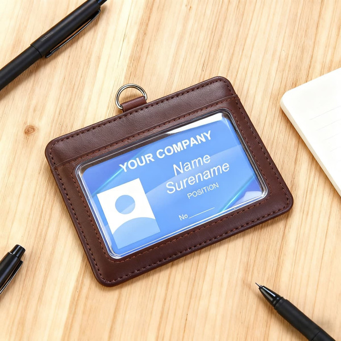 A brown PU leather card holder displaying an ID card, surrounded by pens and a notebook on a wooden surface.