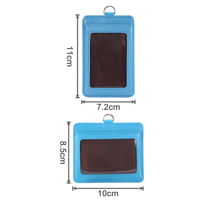A blue PU leather card holder with a transparent window, featuring dimensions for easy reference.