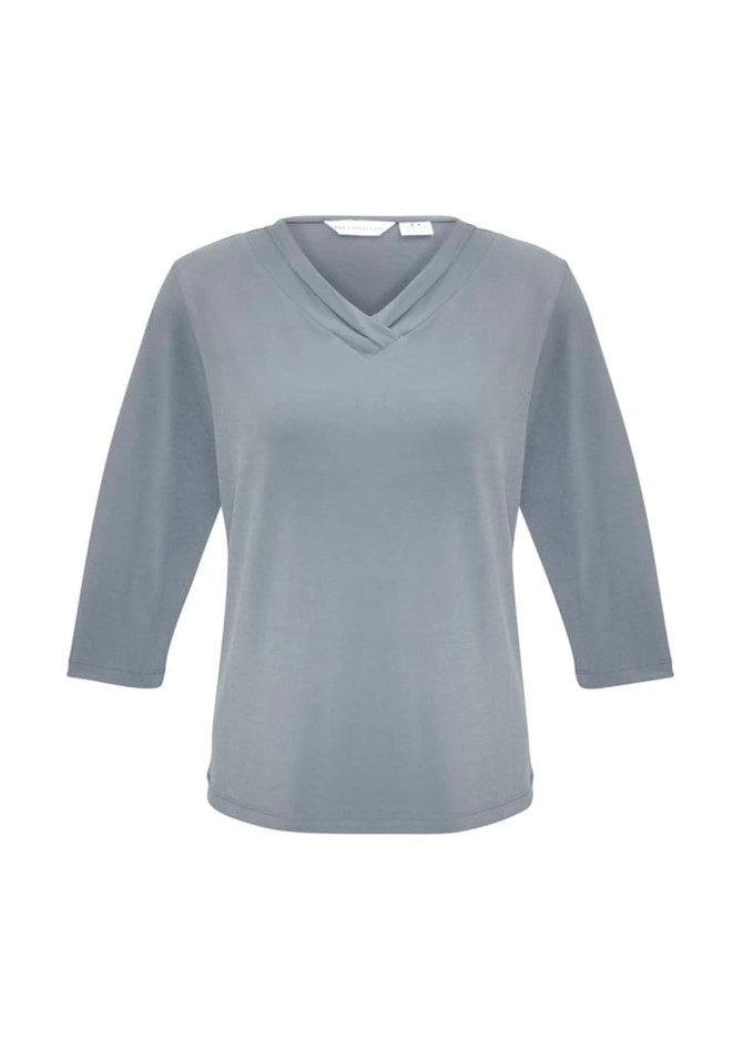 A grey women's 3/4 sleeve top with a crossover v-neck design and a logo.