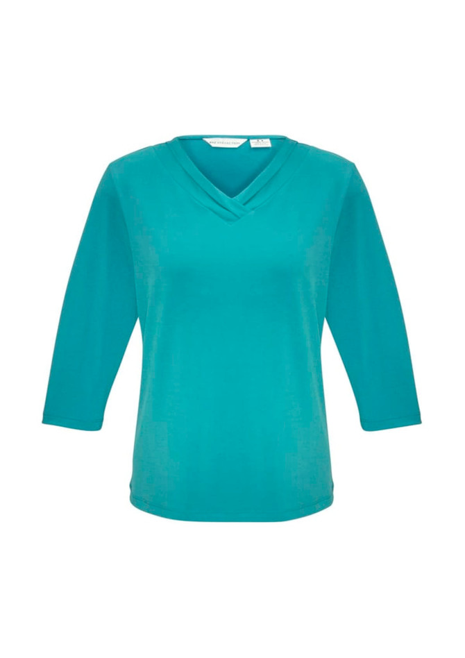 A women's top in teal with a v-neck and 3/4 sleeves, featuring a logo on the label.