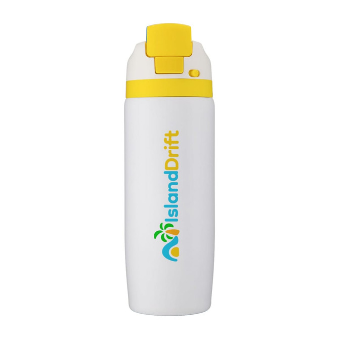 A drink bottle in white and yellow, featuring a logo and a secure flip-top lid.