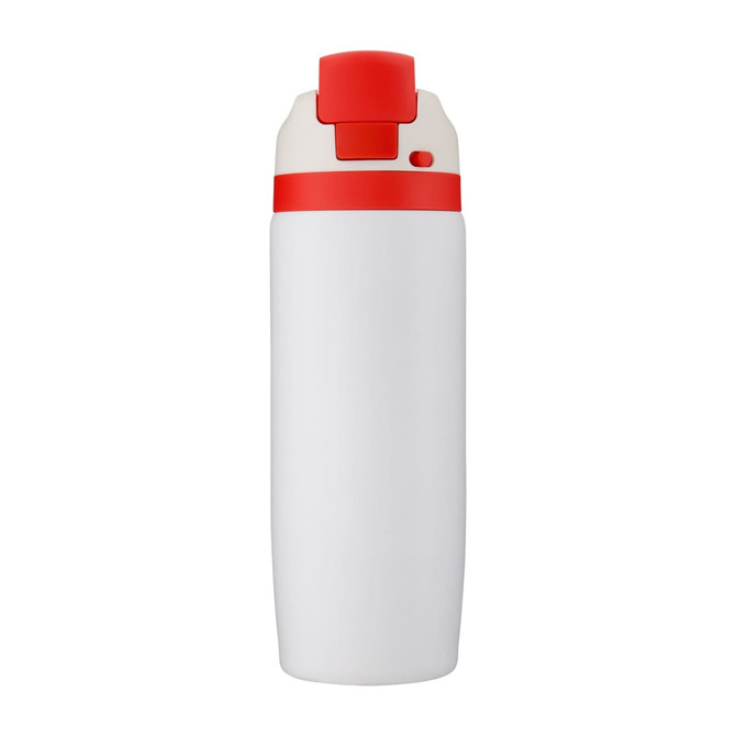A drink bottle in white with a red lid, featuring a simple design and a logo.