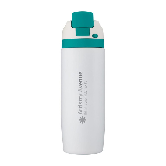 A drink bottle in white with a teal lid and a logo on the side.