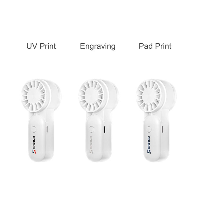 A mini portable handheld fan in three styles: white fan design with variations in print methods. Each features a logo.