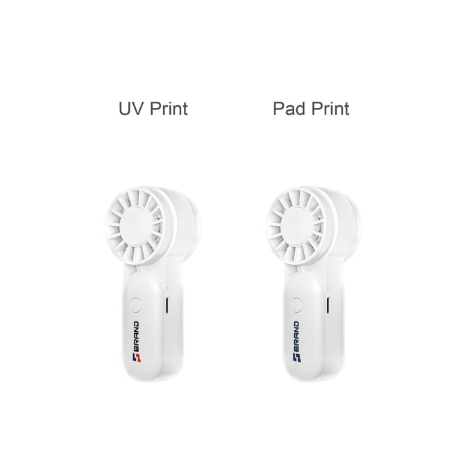 A mini portable handheld fan in white, featuring two designs with different print methods and a brand logo.