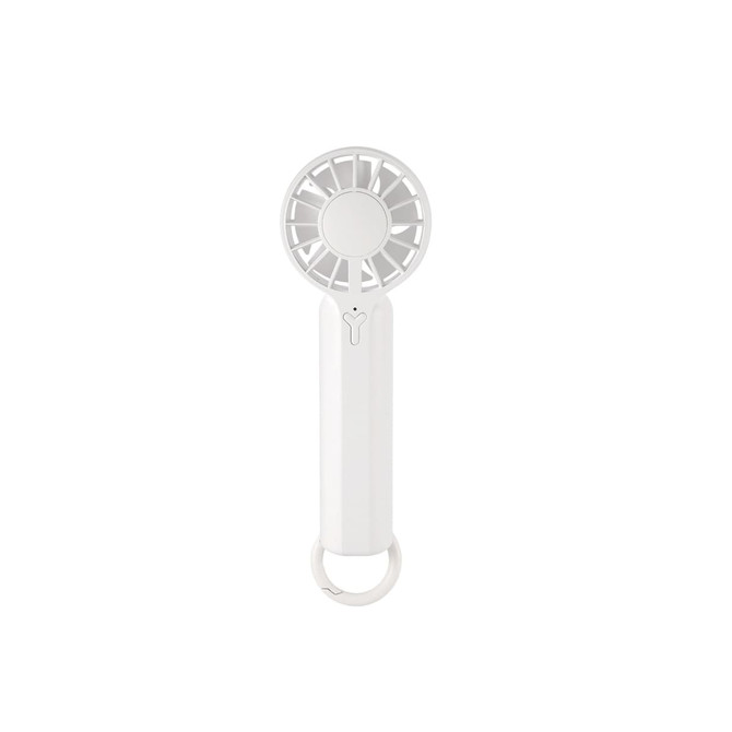 A white portable handheld fan with a circular head and a loop for attaching to bags or belts.