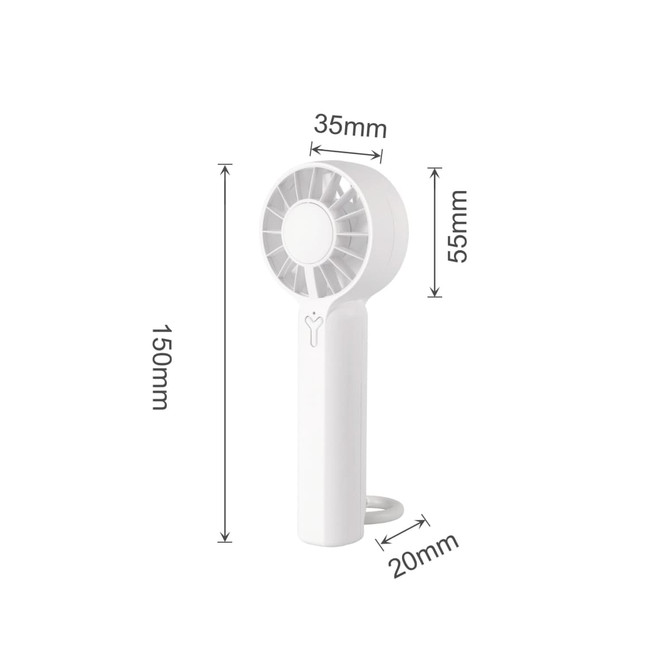 A portable handheld fan in white, featuring a round head and a slender handle, with dimensions displayed beside it.