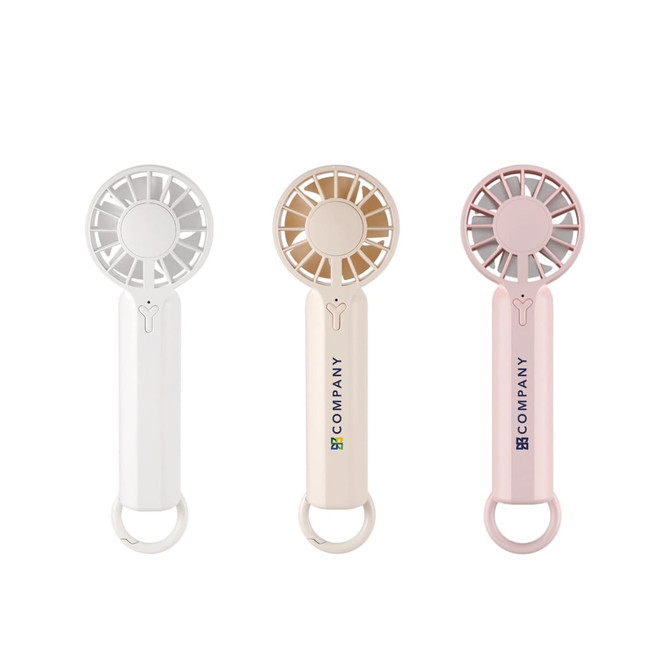Three portable handheld fans in white, pink, and a muted beige, featuring a logo.