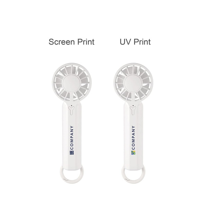 A portable handheld fan in white with a logo, featuring a fan blade design and a loop for attachment.