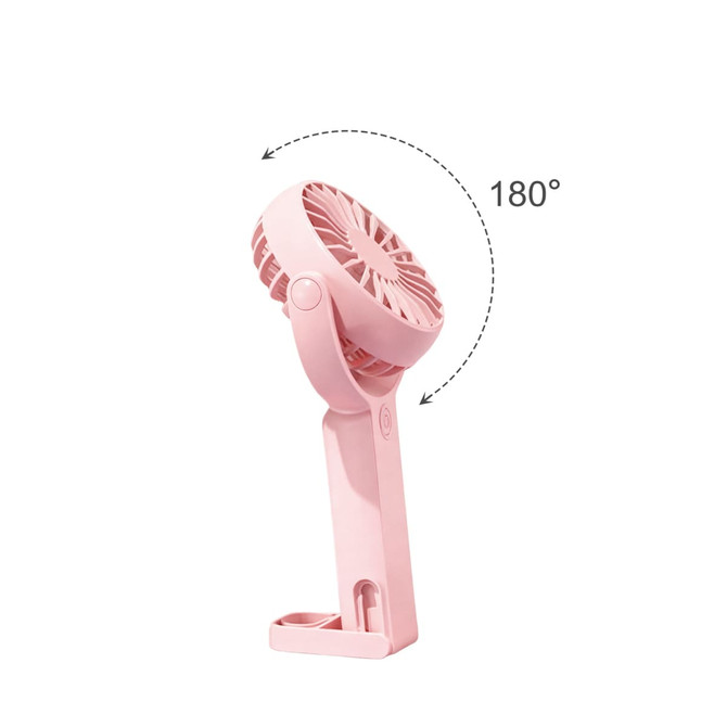 A pink handheld fan with a 180° adjustable angle, featuring a stand and a logo.