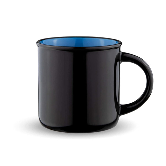 A mug with a black exterior and blue interior, featuring a handle and a logo.