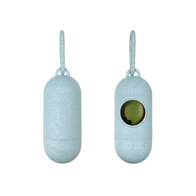 A light blue, eco-friendly pill-shaped pet waste bag dispenser with a viewing window and a hanging loop.