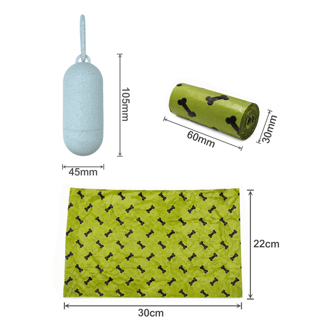 An eco-friendly, light blue pet waste bag dispenser with a roll of green bags featuring dog bone patterns.