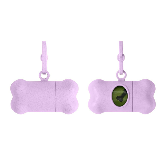 A bone-shaped pet waste bag dispenser in light purple, featuring a clip and a view window for bag visibility.