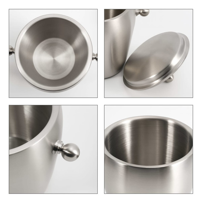 A stainless steel ice bucket with a smooth finish and a round lid, featuring a decorative knob on the side.
