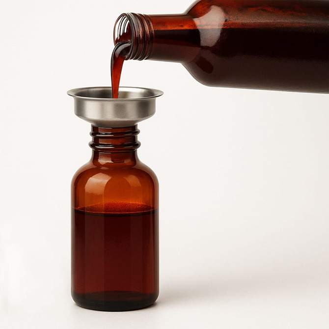 A stainless steel mini funnel sits atop an amber glass bottle as a dark liquid is poured into it.