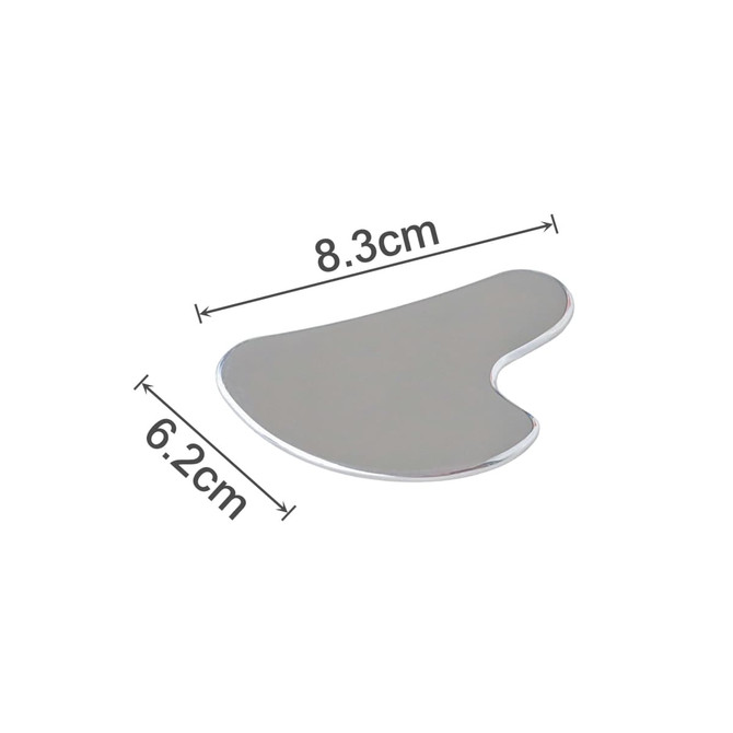 A stainless steel Gua Sha massage tool with a smooth, shiny surface, measuring 8.3cm by 6.2cm.