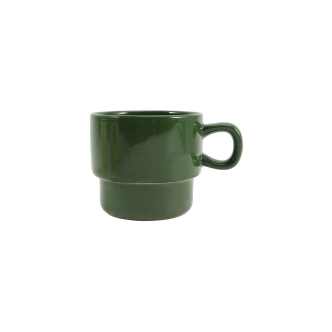 A stackable ceramic mug in dark green, featuring a smooth finish and a handle. It has a two-tier design.