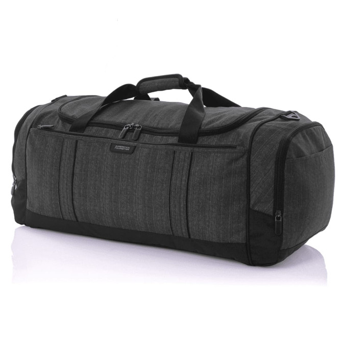 A dark grey duffle bag with multiple zippered compartments and sturdy handles. It features a logo on the side.