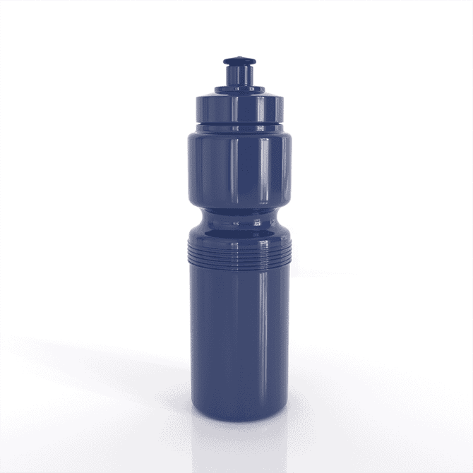 A drink bottle in navy blue, featuring a screw-on lid and a textured grip, with a branding logo.