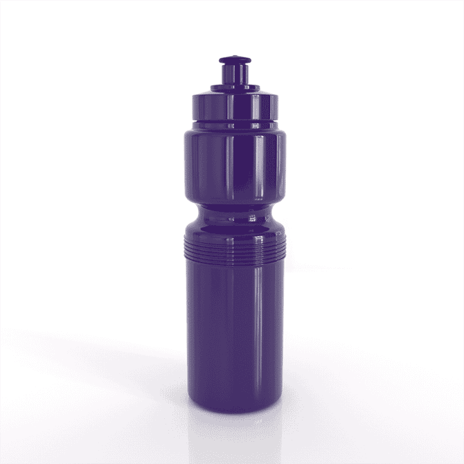 A drink bottle in a rich purple colour with a textured body and a flip-top lid. It has a logo on the surface.