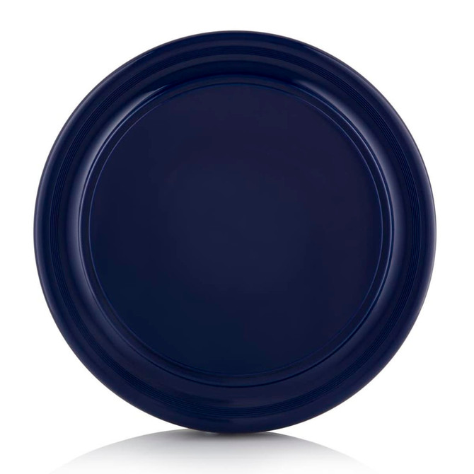 A navy blue Frisbee with a smooth circular surface and a raised rim, featuring a logo in the centre.