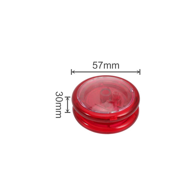 A red yoyo with a transparent top, featuring a circular shape and measuring 57mm in diameter and 30mm in height.