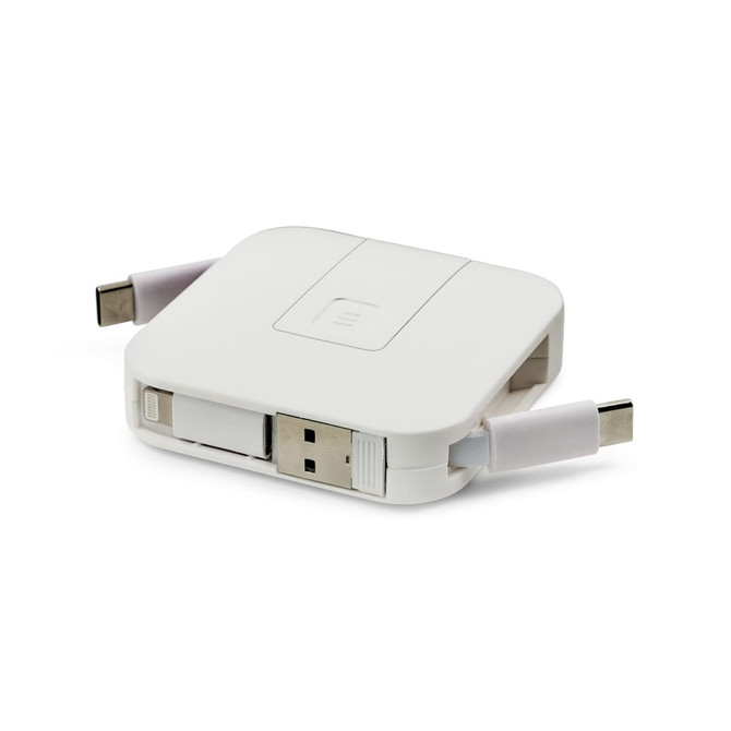 A white retractable charging cable featuring USB and USB-C connectors, with a compact design and a logo.
