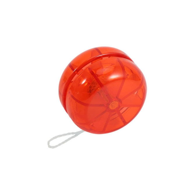 An orange yoyo with a transparent design and a string attached for ease of use.