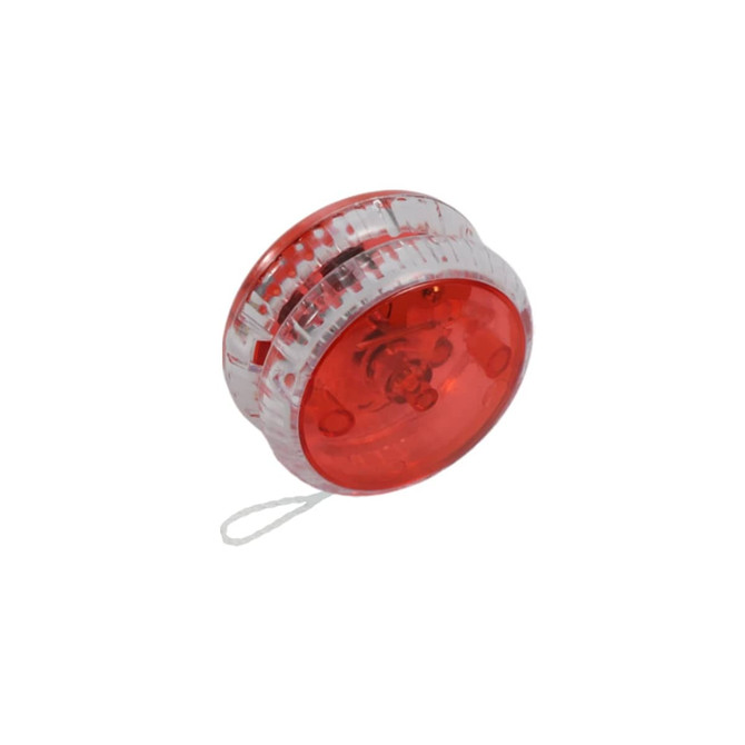 A red yoyo with a transparent casing, featuring an internal light mechanism. It has a string attached for use.