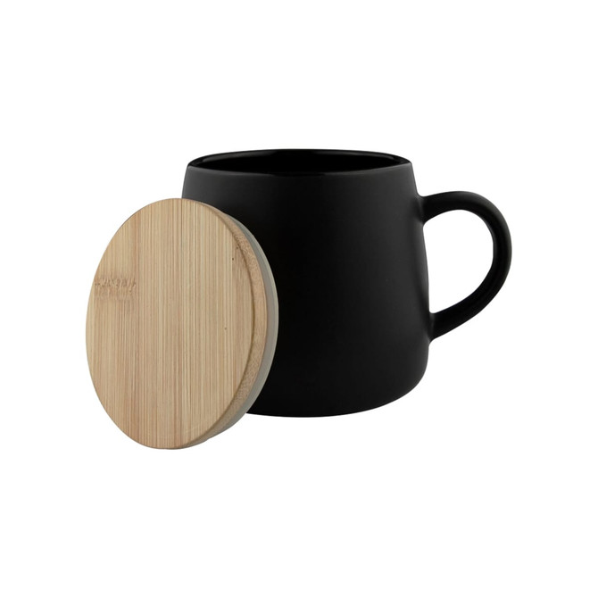 A black coffee mug with a bamboo lid, featuring a handle and a smooth finish.
