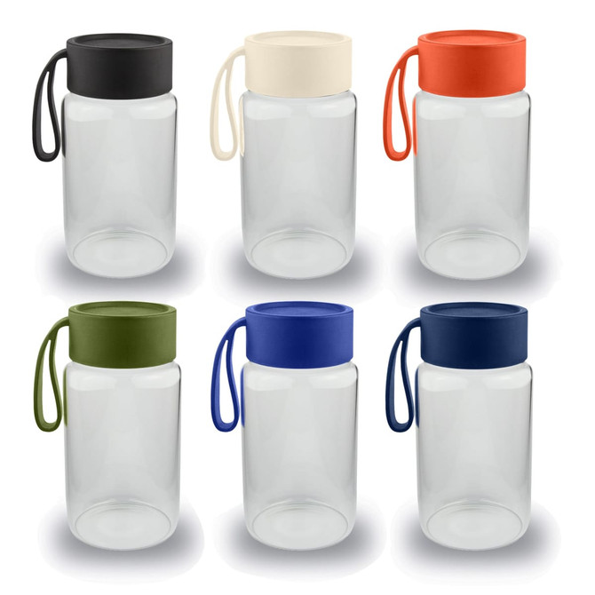 A drink bottle collection featuring clear glass designs with various coloured lids: black, cream, red, green, navy, and blue.