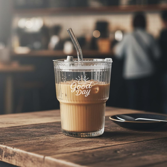 A glass ice coffee cup featuring a lid and straw, with a design on the front, sitting on a wooden table.