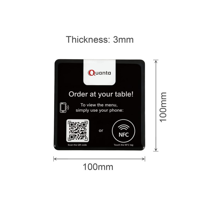 A square black desk tag with a QR code, NFC logo, and branding at the top, measuring 100mm x 100mm.