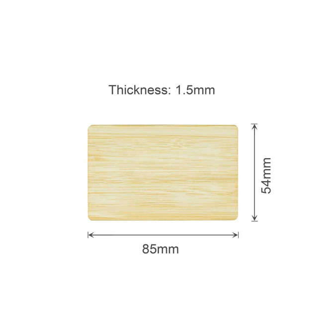 A bamboo business card with a natural wood finish, measuring 85mm by 54mm and 1.5mm thick. It features a logo.