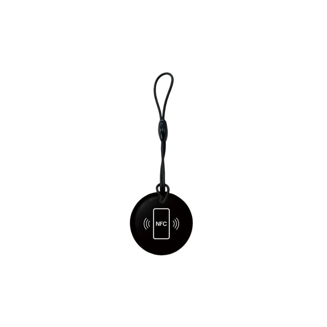A black round NFC epoxy tag with a strap for attachment, featuring a symbol indicating NFC functionality.