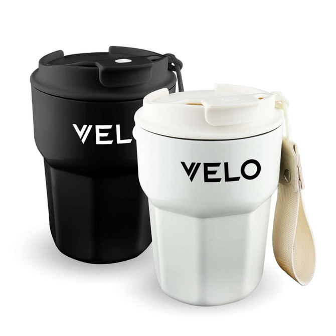 A double wall coffee cup set in black and white, featuring a lid and a strap, with a logo.