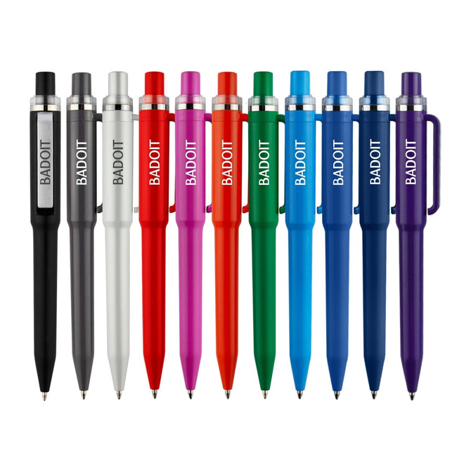 A collection of plastic pens in black, silver, red, green, blue, and purple, featuring a logo on each pen.