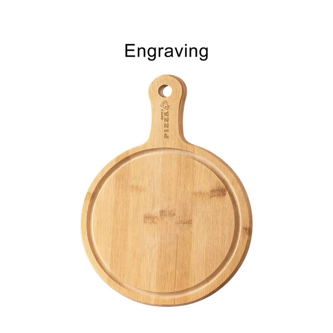 A bamboo wood pizza tray with a handle and a circular surface, featuring a logo on the handle.