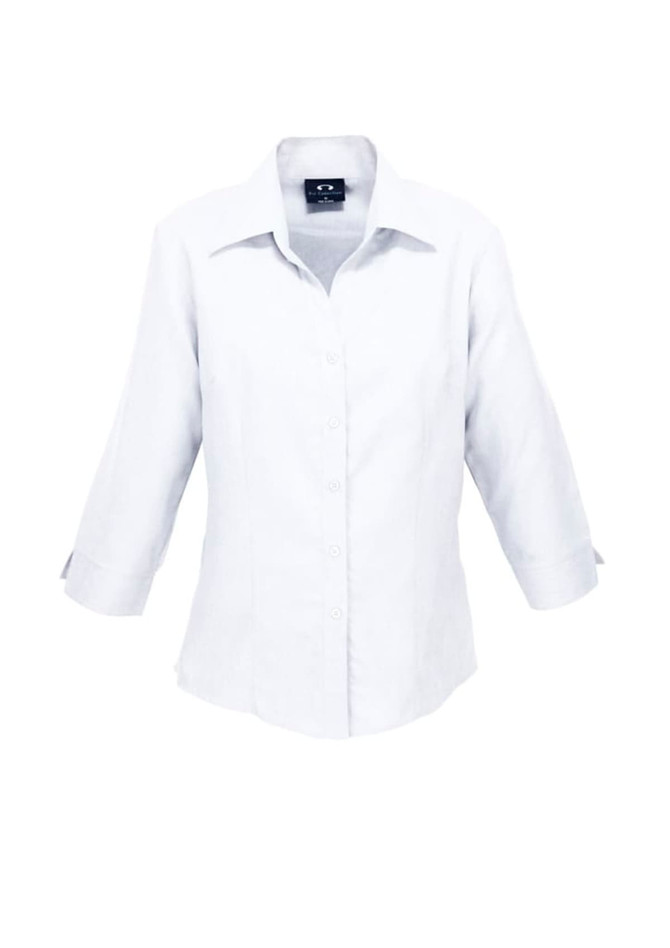 A white ladies' 3/4 sleeve shirt with a collared neck and button closure, featuring a logo.