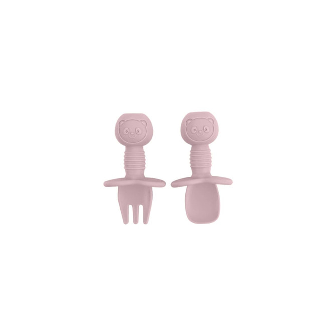 A pink silicone kids' cutlery set featuring a bear design, including a fork and a spoon. The set has a playful shape with grip handles.