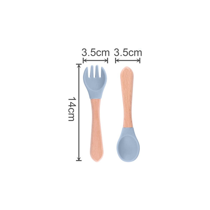 Ergonomic silicone kids cutlery set in blue and wood, featuring a fork and spoon with measurements displayed.