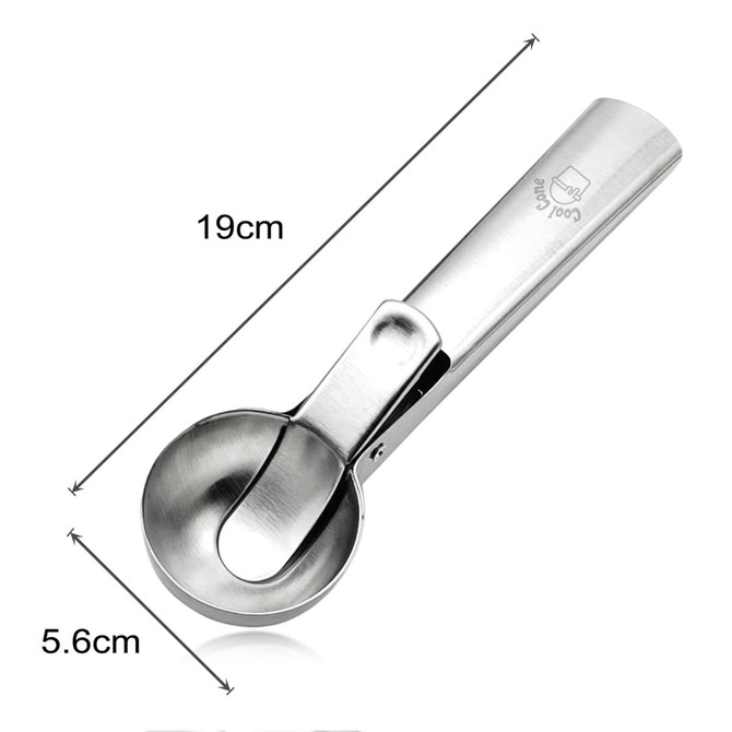 A stainless steel ice cream scoop measuring 19cm in length and 5.6cm in diameter, featuring a logo.