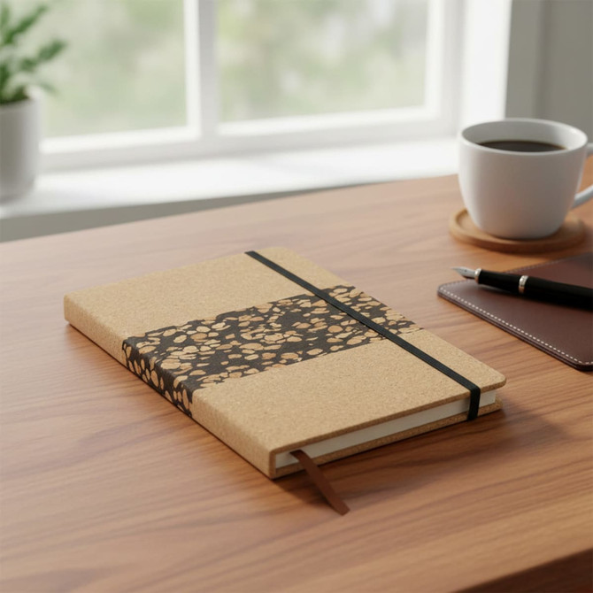 A cork notebook featuring a black design, resting on a wooden desk with a coffee cup and pen in the background.